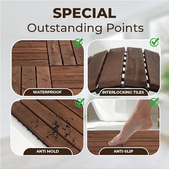 Pack of 10 Deck Tiles - 12"x12" Interlocking Natural Solid Acacia Wood for Outdoor & Indoor, Patio Garden, Balcony, Poolside - Brown Color by GreenHaven Gardens