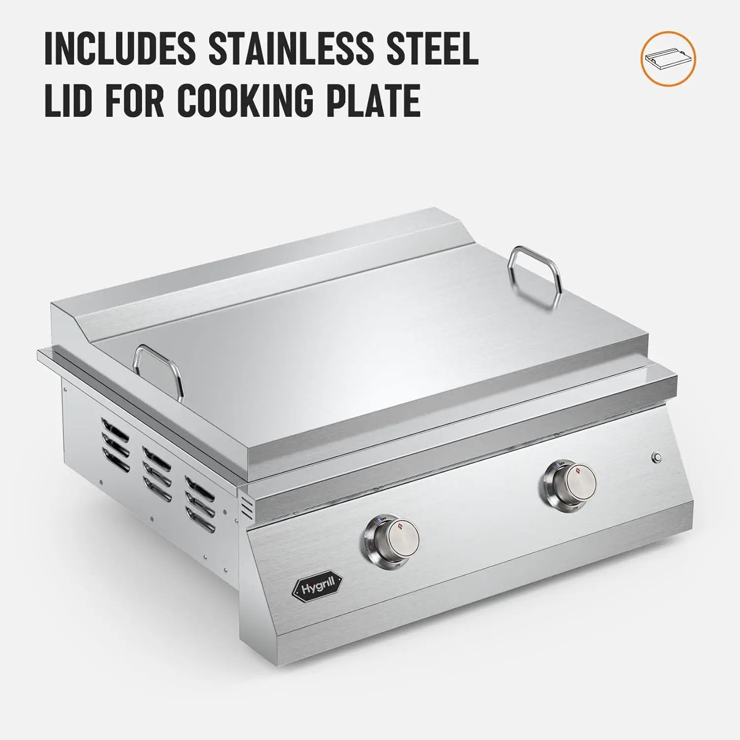 Hygrill 30-Inch Premium Built-In Natural Gas Griddle for Outdoor Kitchen, Durable 304 Stainless Steel 2-Burner Flat Top Grill with Lid and LED lights by GreenHaven Gardens