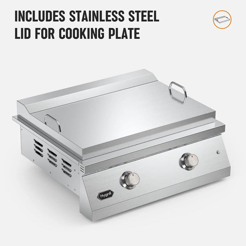Hygrill 30-Inch Premium Built-In Natural Gas Griddle for Outdoor Kitchen, Durable 304 Stainless Steel 2-Burner Flat Top Grill with Lid and LED lights by GreenHaven Gardens
