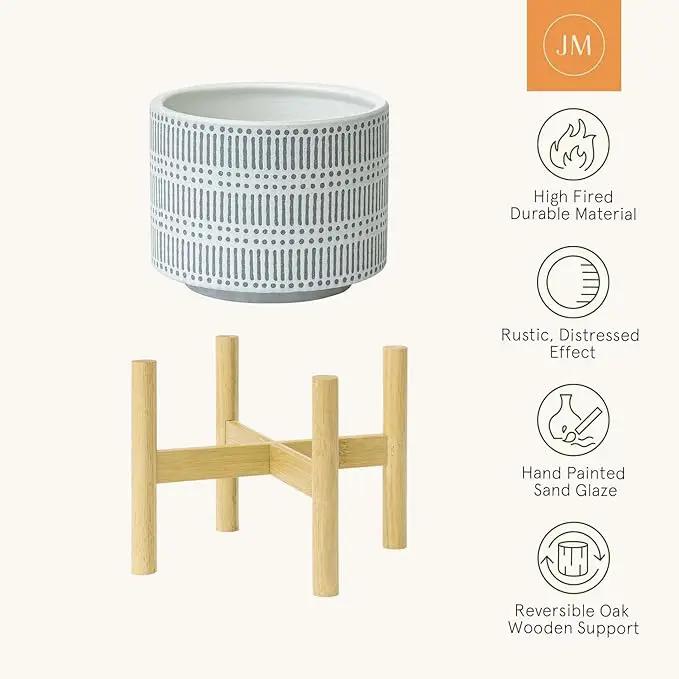 LA JOLIE MUSE Ceramic Plant Pot with Wood Stand - 9.4 Inch Modern Round Decorative Flower Pot Indoor with Wood Planter Holder, Slate Blue and White by GreenHaven Gardens
