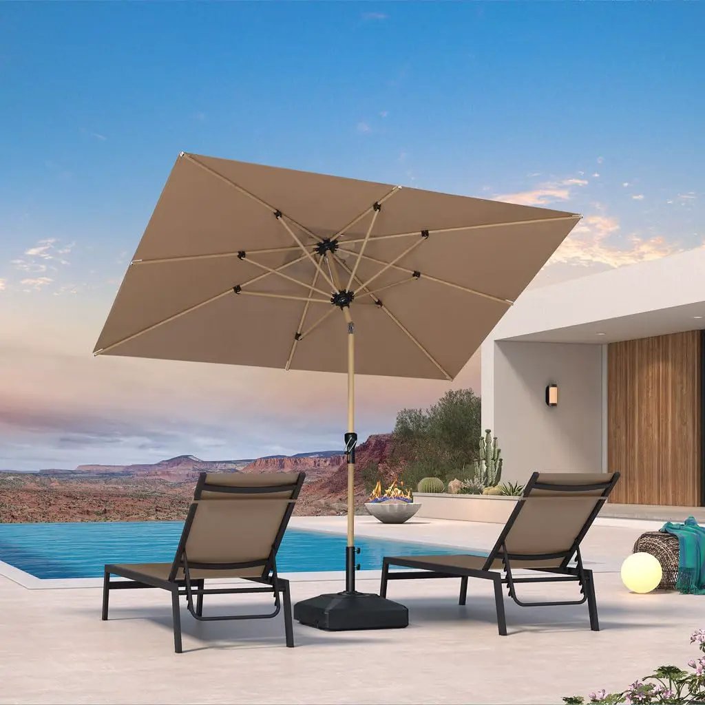 PURPLE LEAF 6' x 9' Patio Umbrella with Base Market Umbrella Rectangular Outdoor Umbrella with Push Button Tilt & Crank and 8 Ribs Aluminum Table Umbrella for Pool Backyard Beach, Taupe by GreenHaven Gardens
