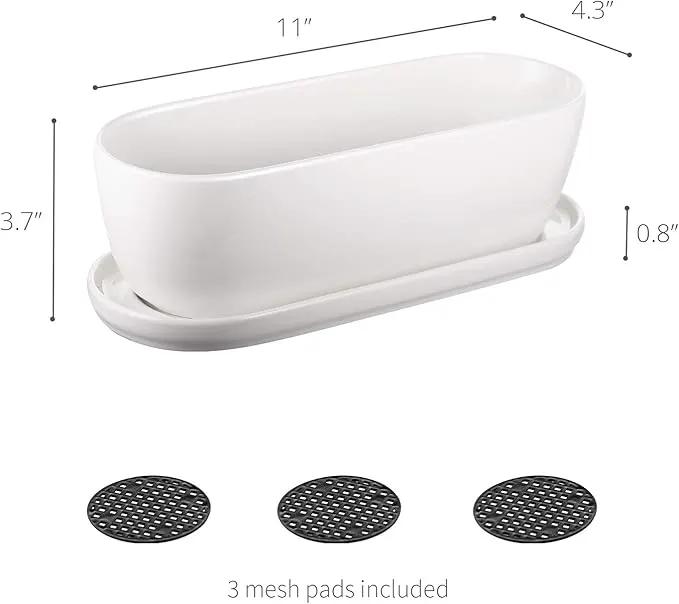 Oval Ceramic Planter Pot with Drainage Hole Saucers 11 Inch Succulents Planter Home Decor for Indoor Outdoor Plants Herb Cactus with 3 Mesh Pads, Plants Not Included by GreenHaven Gardens