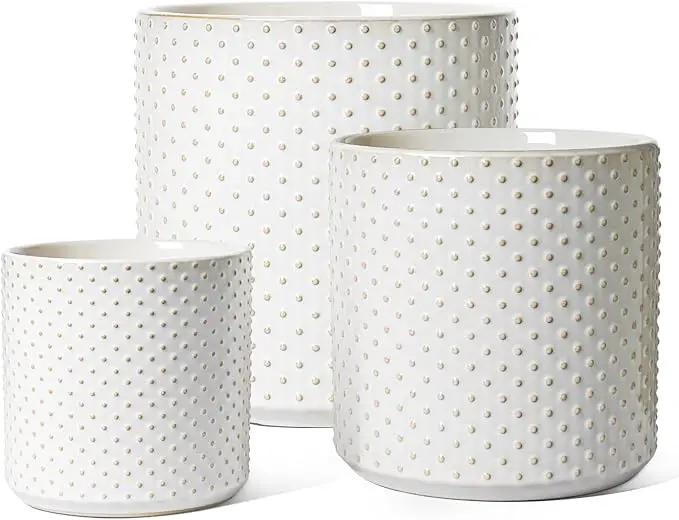 LE TAUCI 6+8+10 Inch Plant Pots Indoor, Ceramic Planter Pots for Plants, Raised Dots Flower Pots Indoor for Home and Office, Mid-Modern Century Pots with Drainage Hole and Plug, Glaze Arctic White by GreenHaven Gardens