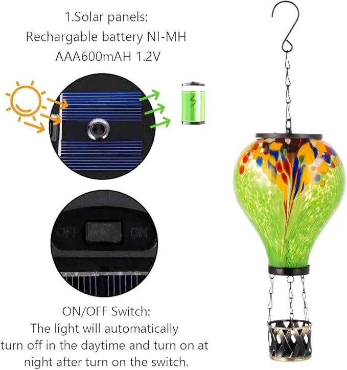 Starsoul Hot Air Balloon Solar Lantern Tie-Dye Style Glass Outdoor Solar Hot Air Balloon Lantern with Flame Light Waterproof Hanging Solar Lantern for Garden Yard Patio Decor by GreenHaven Gardens