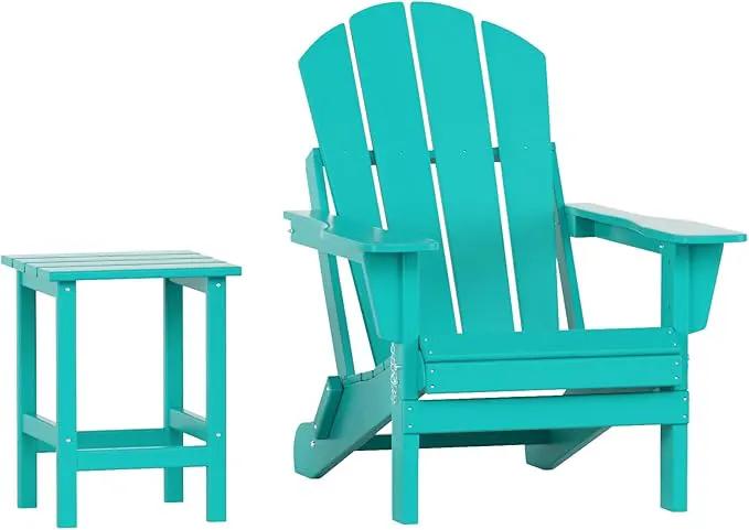 WO Home Furniture Adirondack Chair Table Set of 2 PCS Outdoor Folding Chair w Side Table Weather/UV Resistant for Lawn, Garden, Bon Fire, Balcony (Turquoise) by GreenHaven Gardens