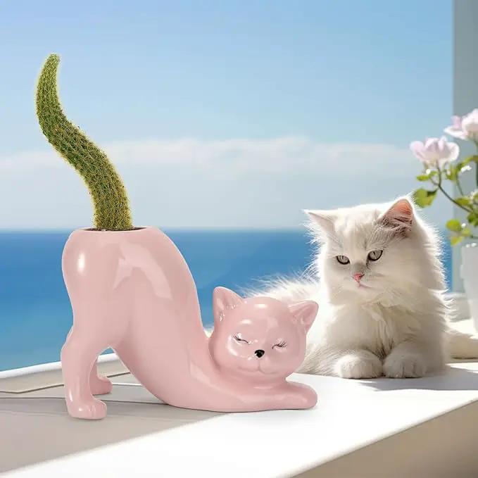 TOIVO Cat Planter Pot，Indoor and Outdoor Plant Displays，Funny Ceramics Cat Flower Pot，Cat Gifts for Cat Lovers，Lovely Office Desk Room Home Decor (Pink, Small) by GreenHaven Gardens