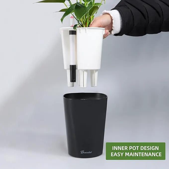 Dexceder 6x7 Self Watering Planter Indoor Outdoor, High Gloss Table Flower Plant Pot with Water Level Indicator (Black) by GreenHaven Gardens