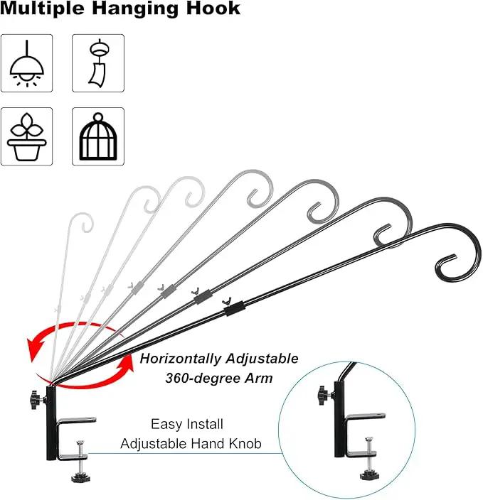 FEED GARDEN 31 Inch Heavy Duty Deck Hook for Railing 2 Pack, Non-Slip Clamp, 360 Degree Swivel, for Hanging Bird Feeders, Plants, Lanterns, Suet Baskets, Wind Chimes, Black by GreenHaven Gardens