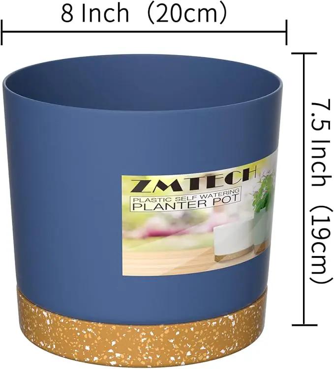 ZMTECH Plant Pots, Set of 3 8'' Self Watering Plastic Planter with Drainage Hole and Saucer, Modern Decorative Flower Pot for Indoor Outdoor House Plants, Succulents, Flowers - Blue by GreenHaven Gardens