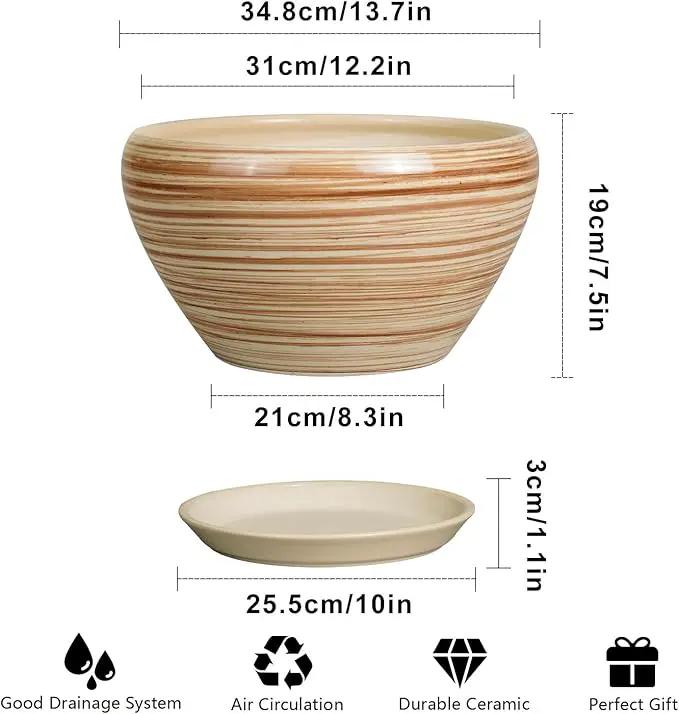 Ceramic Pot for Plants - 13 Inch Planter for Outdoor Plants Indoor Plant Pot with Drainage Hole and Saucer Large Planter Round Flower Pot for House Patio Garden Decor Yellow by GreenHaven Gardens