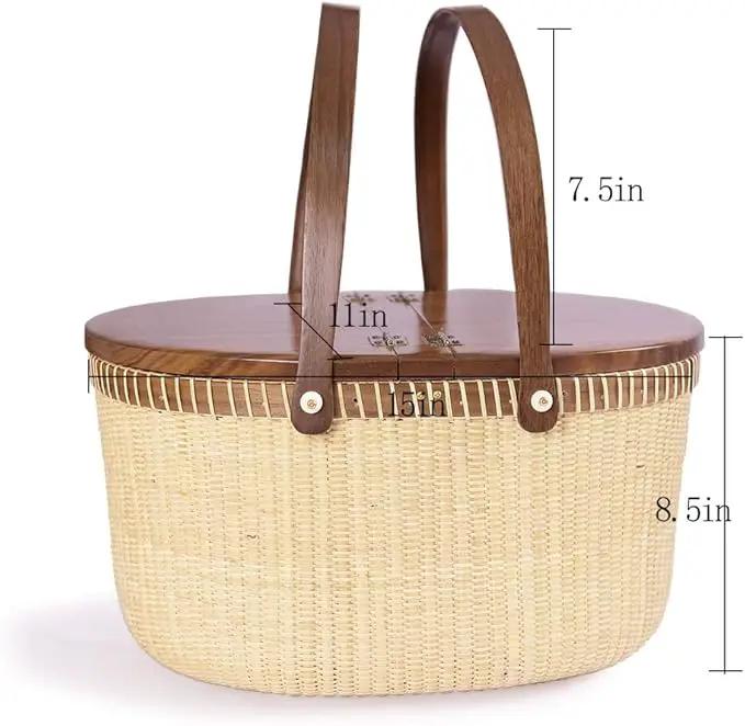 Nantucket Basket Crafts Cane-on-Cane Weave Picnic Basket Shopping Basket Basket Storage Basket Two Swing Handles (Black Walnut Activity Double Open) by GreenHaven Gardens