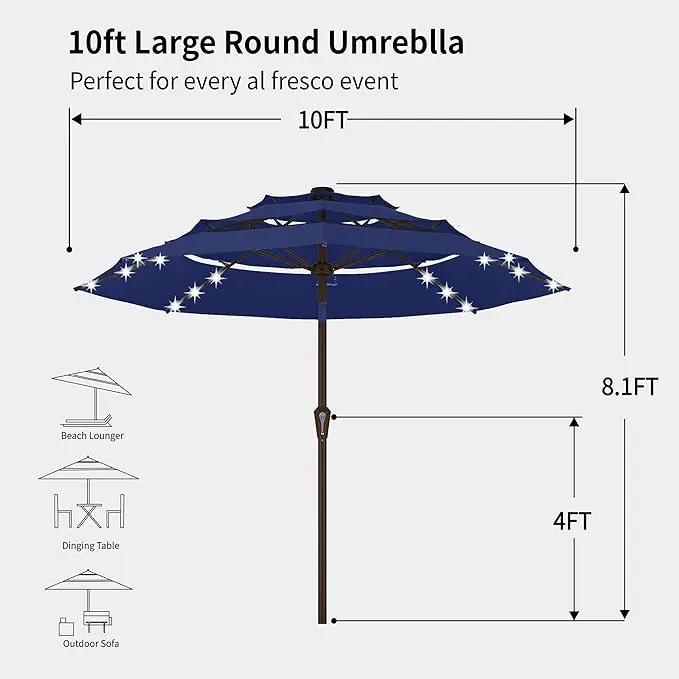 Kingdura 10ft 3-Tier Patio Umbrella with Solar Lights, Table Umbrella Outdoor Patio with Easy Crank & Tilt, 8 Sturdy Ribs, UV Protection, 32 LED Lights for Deck, Poolside, Market (Navy blue) by GreenHaven Gardens