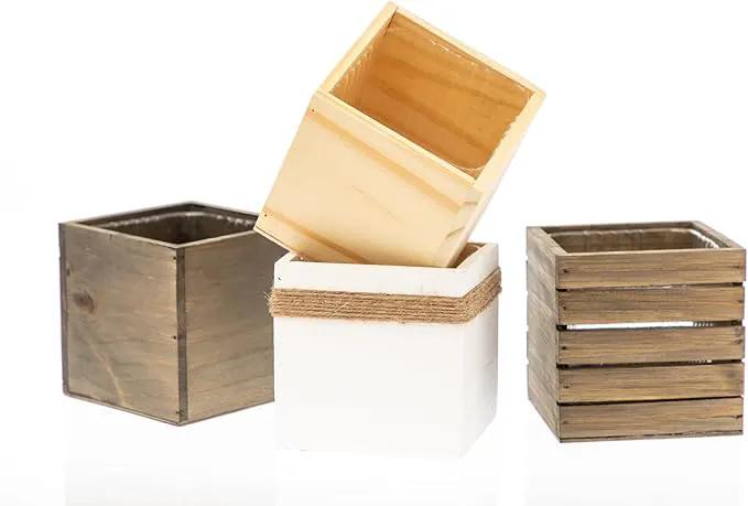 Wood Planter Box, 5 Inch Square, Rose Wood, Plastic Liner, Garden Centerpiece Display, Wedding Flowers Holder, Home and Venue Decor (5x5 Set of 4, Rose Wood) by GreenHaven Gardens
