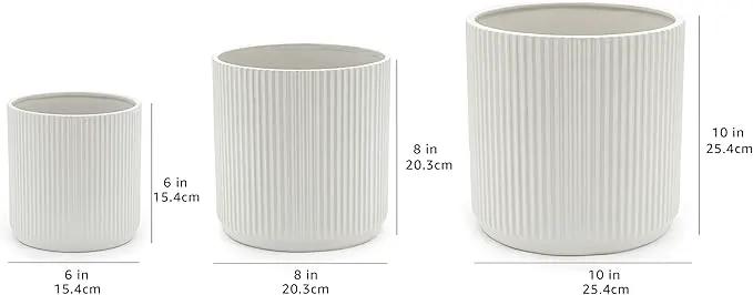 Amazon Basics Assorted Sizes Fluted Ceramic Round Indoor Outdoor Planters with Drainage, Set of 3, Modern Design, 6-Inch, 8-Inch, 10-Inch, White by GreenHaven Gardens