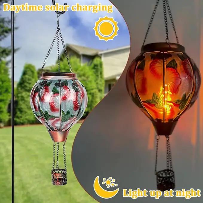 2PCS Solar Hot Air Balloon Flickering Flame Hanging Garden Light with Shepherd's Hooks, Waterproof Glass Outdoor Lantern for Yard Patio, Mother's Day Gift, 18" H Hummingbird & Flower by GreenHaven Gardens