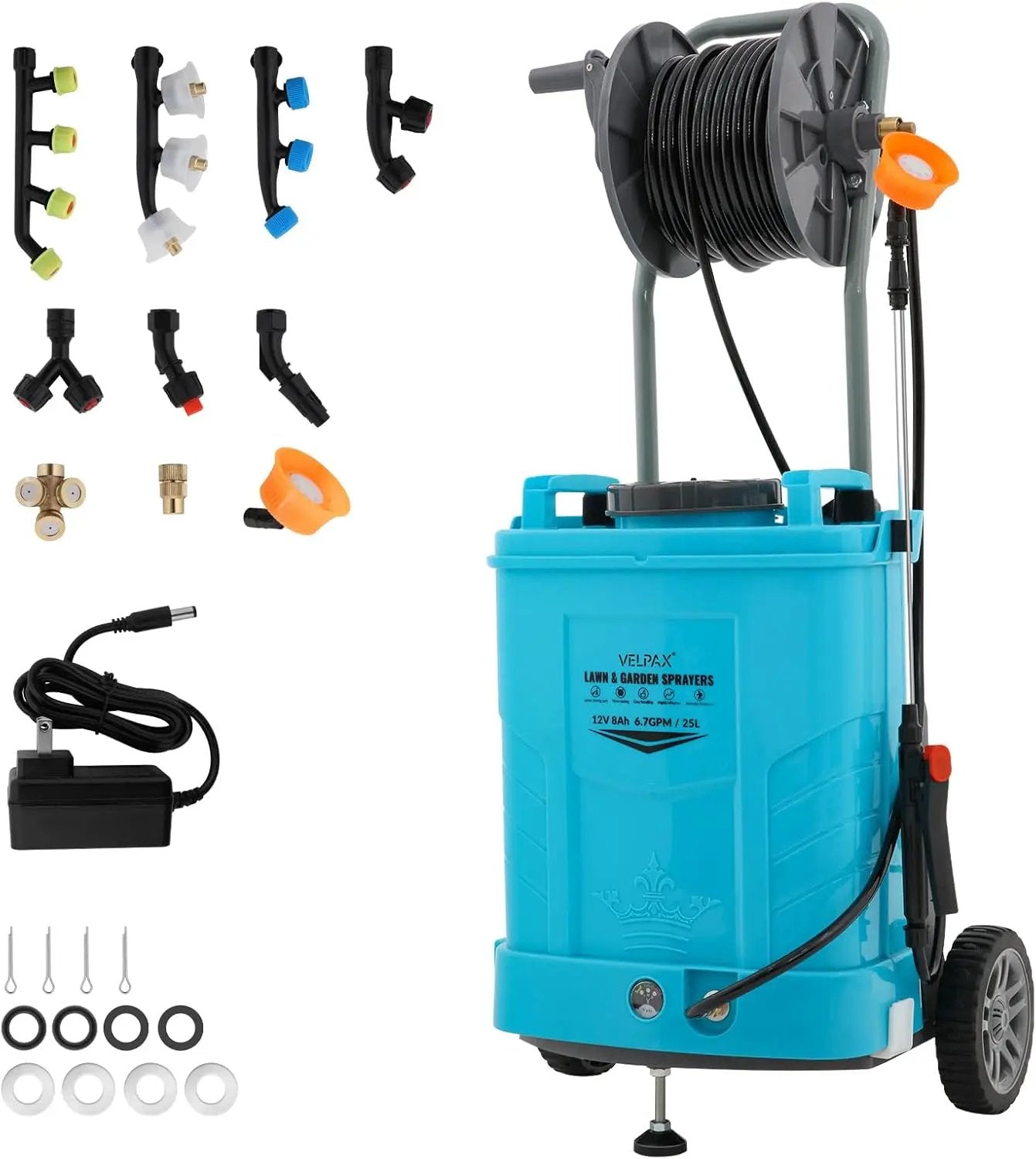 6.6 Gallon Battery Powered Sprayer, Portable Sprayer with Wheels,0-94 PSI,12V 8Ah Battery,Adjustable HD Wand and 10 Nozzles for Weeding, Spraying, Cleaning by GreenHaven Gardens