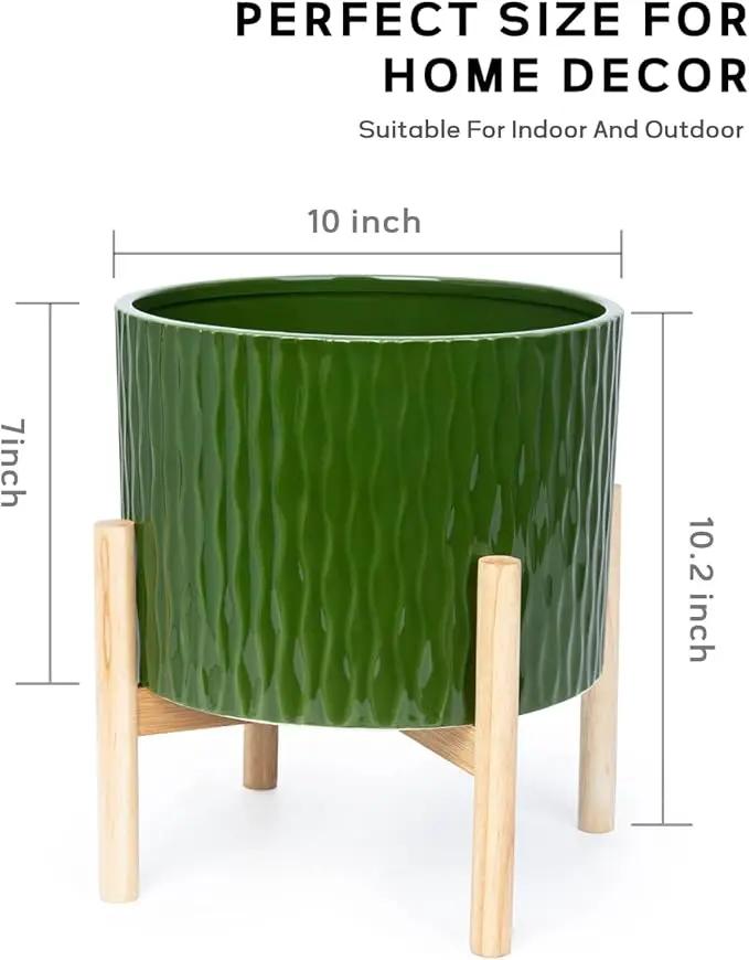 LaDoVita Ceramic Plant Pot with Stand, 10 Inch Planter with Wood Shelf, Modern Round Flower Pots Indoor with Wood Planter Holder, Dark Green Water Ripple Pattern by GreenHaven Gardens