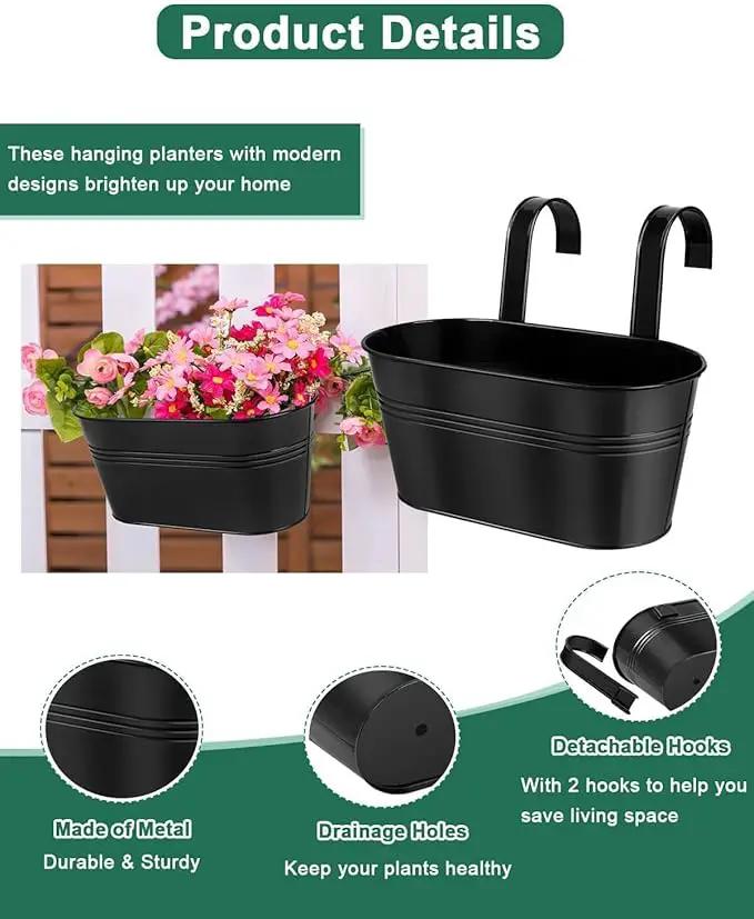 vensovo Metal Railing Planter for Outdoor Plants - 3 Pack Balcony Hanging Flower Pots with Detachable Hooks and Drain Holes Oval Bucket Rail Box Fence Planters for Home Garden Decor, Black by GreenHaven Gardens