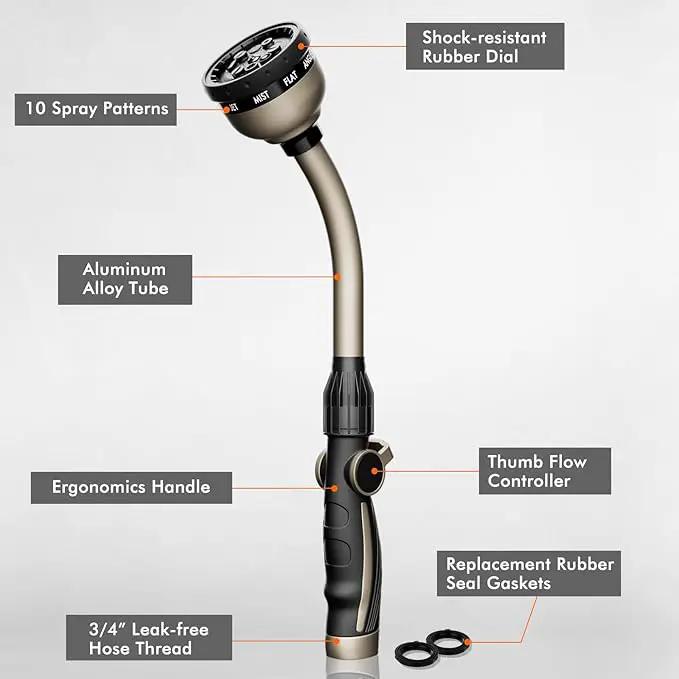RESTMO Watering Wand Heavy Duty, Metal Garden Hose Wand with 10 Spray Patterns, 15-Inch Long Hose Nozzle Sprayer with Thumb Flow Control, Ideal to Water Hanging Baskets and Shrubs by GreenHaven Gardens