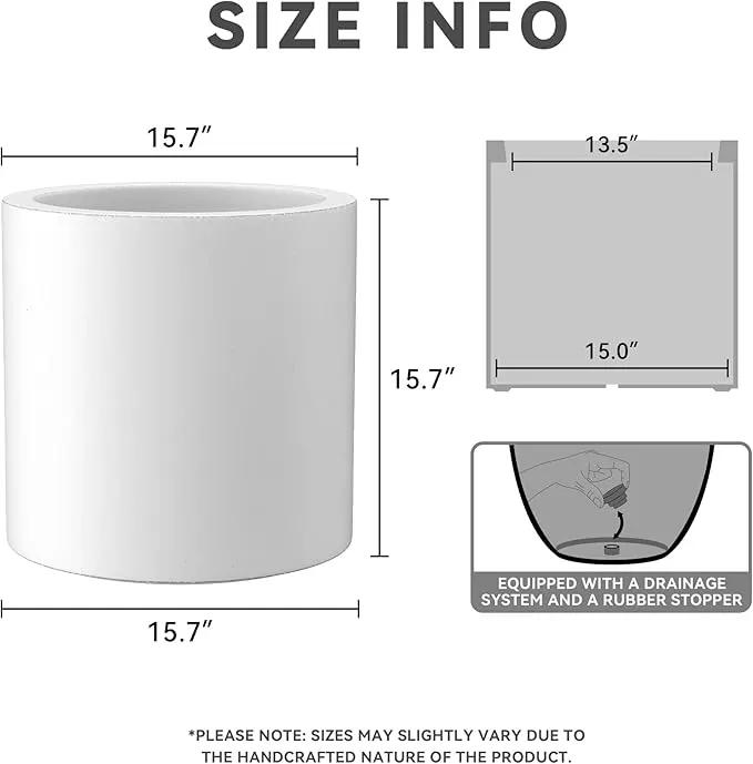 Kante 15.7" Dia Round Concrete Planter, Modern Style Large Cylindrical Plant Pot with Drainage Hole and Rubber Plug for Indoor Outdoor Patio, White by GreenHaven Gardens