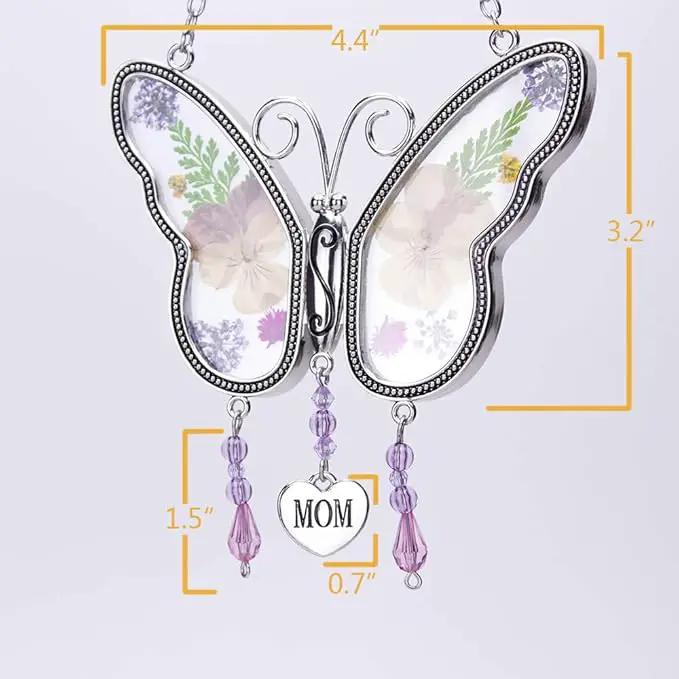 Laraine Butterfly Suncatcher with Pressed Colourful Flower Wings Mom Mother's Day Butterfly Glass Wind Chime Ornament Charm with Metal Heart Gifts for Mom Grandma Birthday (Yellow Mom) by GreenHaven Gardens