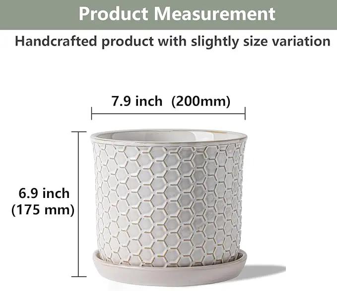 8 Inch Plant Pot: Ceramic Planter with Drainage Hole & Saucer - Flowerpot for Indoor & Outdoor Plants with Separate Tray for Home & Office - Honeycomb Design, Cream White by GreenHaven Gardens