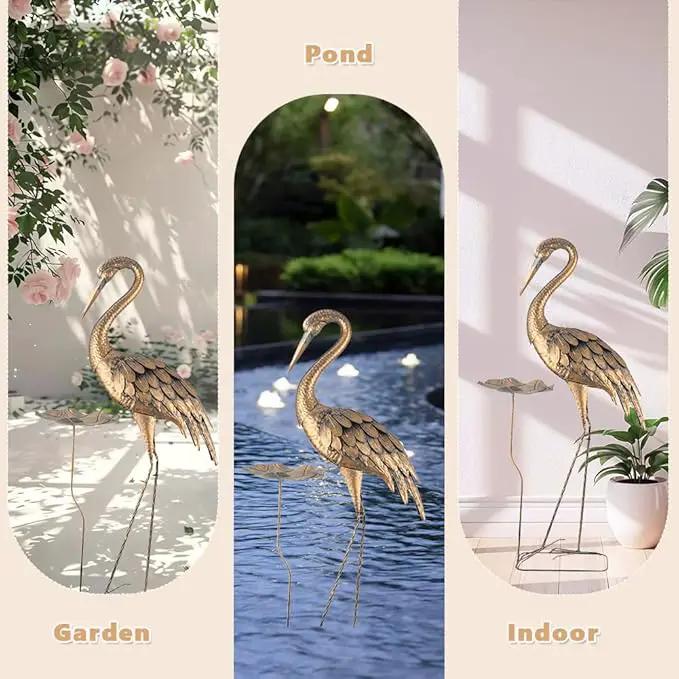 42'' Heron Garden Statue for Outside, Crane Outdoor Statue & Sculpture with Lotus Leaf, Metal Heron Yard Art Decor for Garden, Yard, Lawn, Pond (Gold & Blue) by GreenHaven Gardens