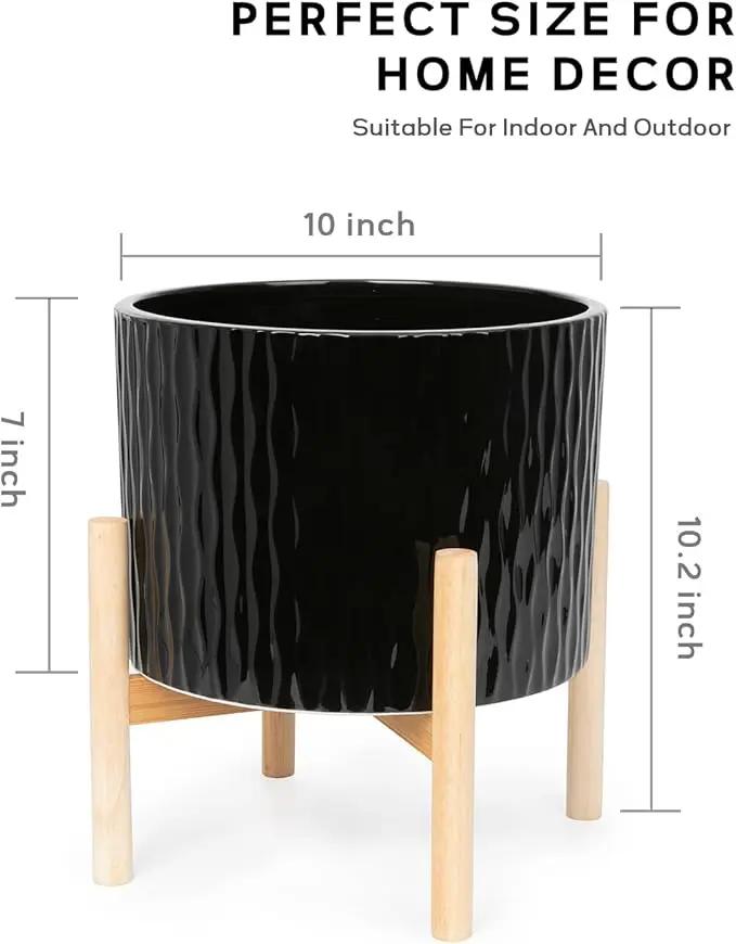 LaDoVita Ceramic Plant Pot with Stand, 10 Inch Planter with Wood Shelf, Modern Round Flower Pots Indoor with Wood Planter Holder, Black Water Ripple Pattern by GreenHaven Gardens