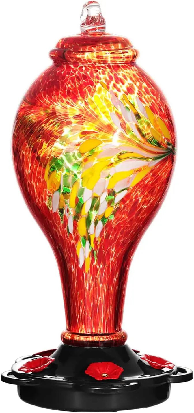 LUJII Hummingbird Feeders for Outdoors, Hand Blown Glass, Never Fade, 36 Fluid Ounces, 5 Feeding Stations, Much Bigger, Garden Backyard Decorative, Containing Ant Moat (Red) by GreenHaven Gardens