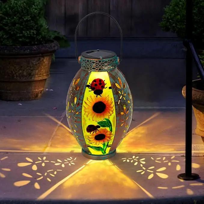2 Pack Sunflower Solar Lantern,Retro Solar Lanterns Outdoor Waterproof,Stained Glass & Metal Hanging Solar Lantern,LED Tabletop Lamp Solar Lights,Sunflower Outdoor Solar Lanterns for Pathway by GreenHaven Gardens