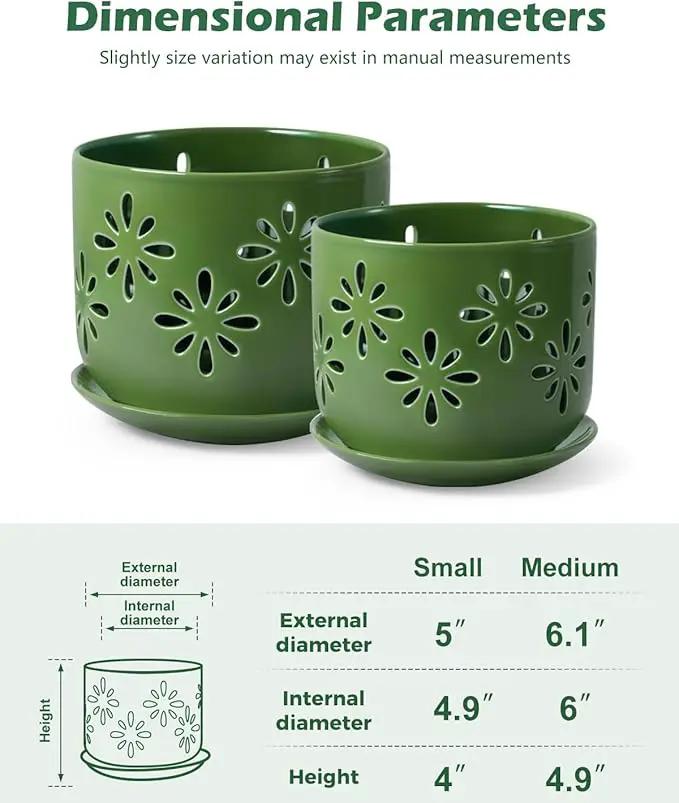 EFISPSS Orchid Pots with Holes,5+6 Inch Ceramic Plant Pots with Drainage Holes and Tray,Enhanced Drainage and Ventilation,Flower Pots for Indoor/Outdoor Plants for Repotting - Green by GreenHaven Gardens
