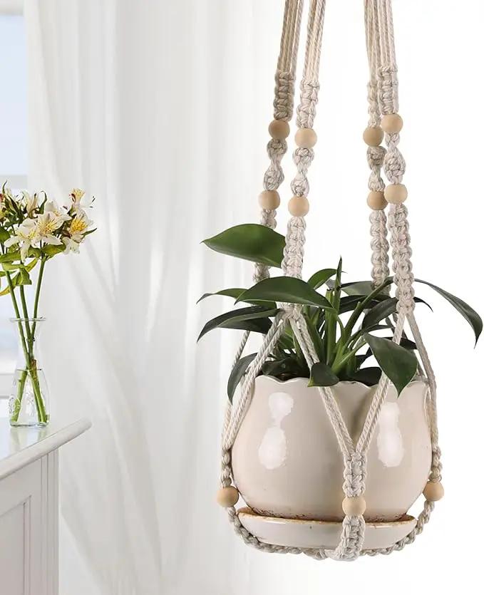 3-Pack Macrame Plant Hanger Indoor - Hanging Planter Basket for Indoor Outdoor - Decorative Boho Plant Holders Set with Beads - Ceiling Flower Pot Holder with 6 Hooks - 35"/30"/24" White by GreenHaven Gardens