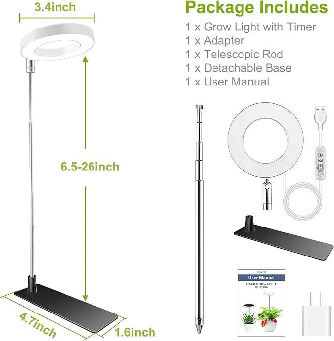 Grow Lights for Indoor Plants, Full Spectrum Halo Growing lamp with Detachable Base, Height Adjustable, 3 Colors, 10 Dimming, Automatic Timer, Plant Light for Succulents Small Plants by GreenHaven Gardens