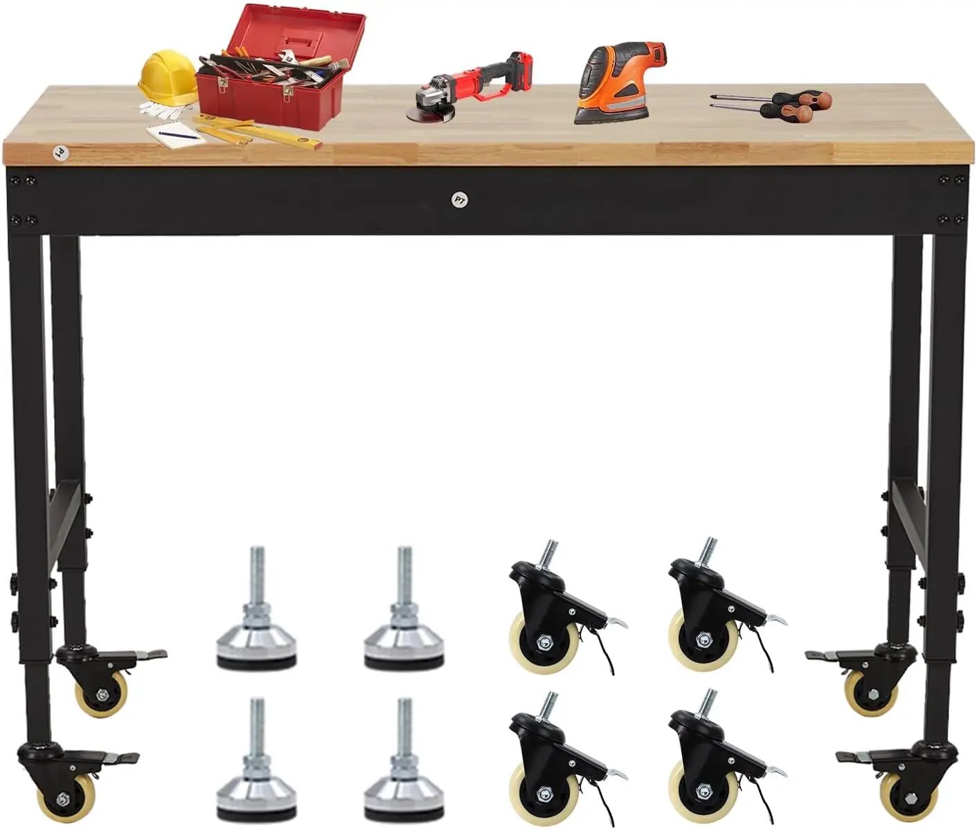48x24 Inch Heavy-Duty Adjustable Workbench with Rubber Wood Top – 2000LB Capacity Mobile Garage Workstation, Locking Wheels, Power Outlets, Ideal for Workshop, DIY & Tool Storage (Black) by GreenHaven Gardens
