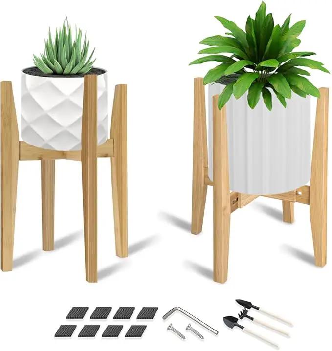 OERGKE 2 PACK Adjustable Plant Stand Indoor, Bamboo Mid Century Modern Plants Stands, Corner Flower Holder for Living Room, Fits 8 to 12 Inches Pots, (Pot & Plant Not Included)(Nature) by GreenHaven Gardens