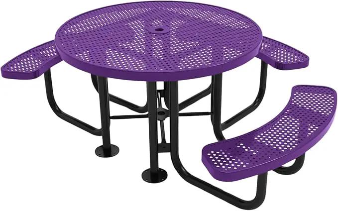 Heavy-Duty Portable Outdoor Picnic Table with Umbrella Hole, Punched Steel Patio Dining Furniture Made in America (46" Round Top, Textured Purple) by GreenHaven Gardens