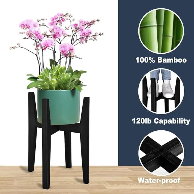OERGKE Adjustable Plant Stand Indoor, Bamboo Mid Century Modern Plants Stands, Corner Flower Holder for Living Room, Fits 8 to 12 Inches Pots, (Pot & Plant Not Included)(Black, 1 Pack) by GreenHaven Gardens