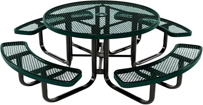 Heavy-Duty Portable Outdoor Kids Table with Umbrella Hole, Expanded Metal Kids Picnic Table, Commercial-Grade, Made in America (46 in, Round, Childrens, Textured Dark Green) by GreenHaven Gardens