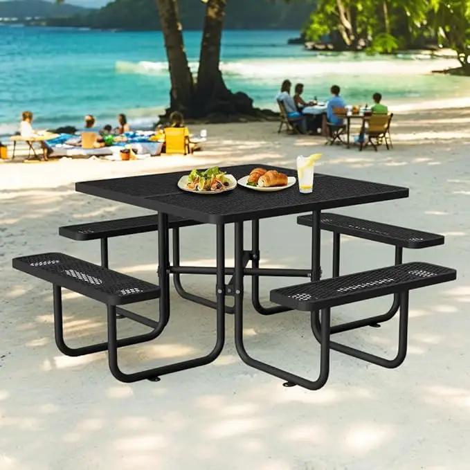 79'' Steel Square Picnic Table for Outdoors, Expanded, Lifetime Picnic Table with Umbrella Hole, Heavy Duty Sturdy Commercial Picnic Tables for Garden Courtyard BBQ, Black by GreenHaven Gardens
