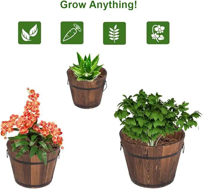 3 Pcs Wooden Planter Barrel Set, Outdoor Flower Pots with Handle & Drainage Holes, Rustic Whiskey Barrel Planter for Plants, Herbs, Veggies, Indoor Outdoor Use by GreenHaven Gardens