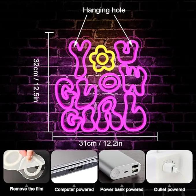 WLHOPE You Glow Girl Neon Sign Pink Led Neon Signs for Wall Decor USB Glowing Girl Neon Light Signs Man Cave Wall Art Signs for Bedroom Girls Room Bar Club Shop Office Wedding Birthday Party by GreenHaven Gardens