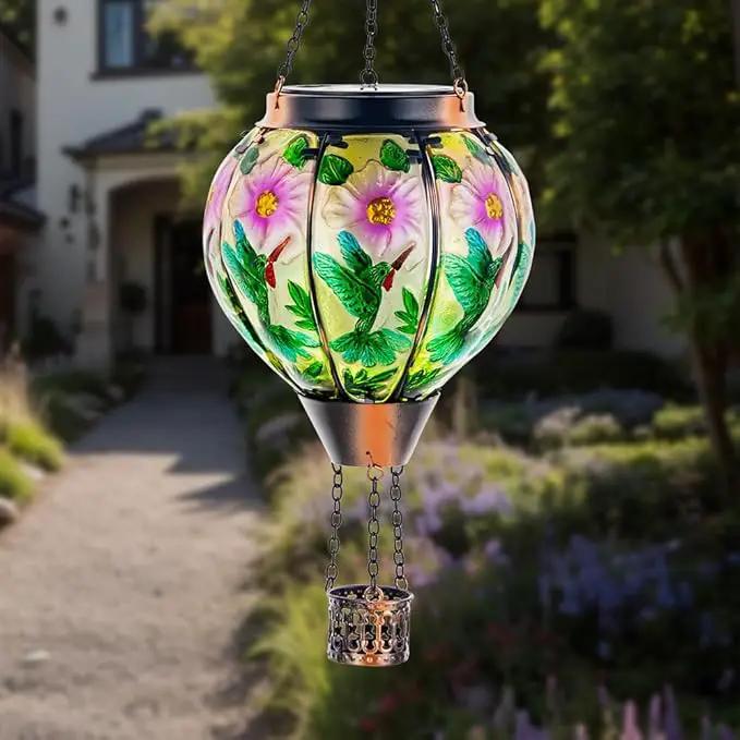 DREAMSOUL Hummingbird Hot Air Balloon Solar Lantern, Hanging Solar Lanterns Outdoor with Flickering Flame Light, Metal & Glass Solar Lanterns Outdoor Waterproof for Patio Yard Decor by GreenHaven Gardens