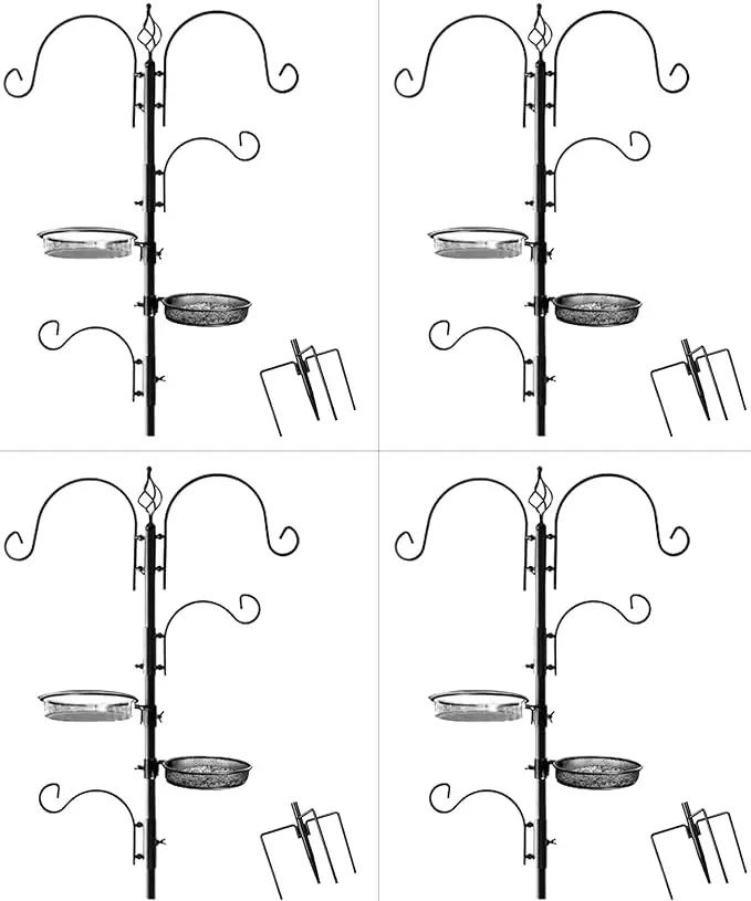 Ashman Deluxe Bird Feeding Station (4 Pack) Bird Feeders for Outside - Multi Feeder Pole Stand Kit with 4 Hangers, Bird Bath and 3 Prong Base for Attracting Wild Birds - 22 Inch Wide x 92 Inch Tall. by GreenHaven Gardens