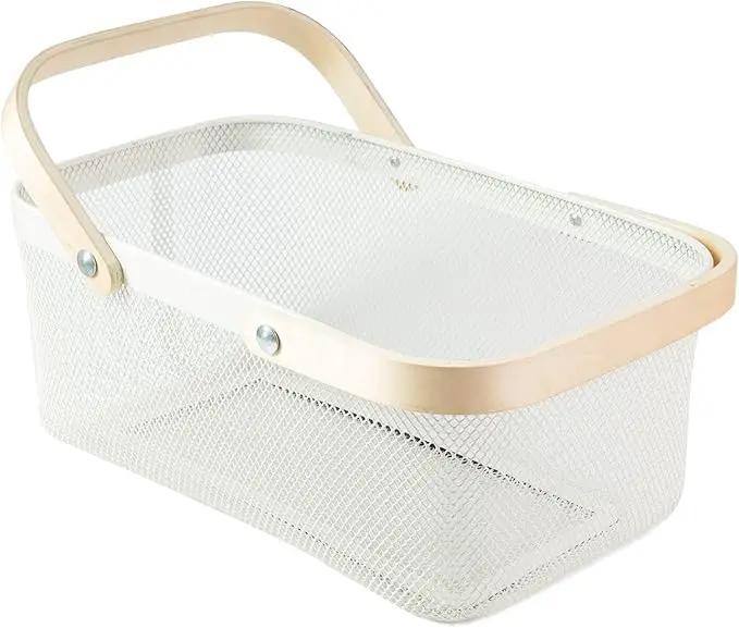 Portable Garden Harvest Basket-Mesh Design Natural Bamboo Handle Wire Storage Baskets,Mesh Basket with Handle Organize Items Reduce Space Occupation,Suitable for Kitchen,Garden,Picnic(White) by GreenHaven Gardens