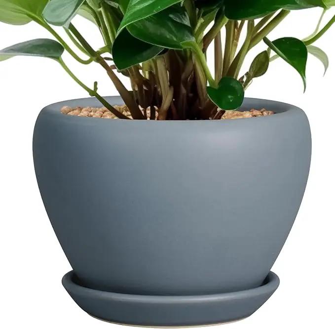 Ceramic Pot for Plants - 6 Inch Plant Pot Indoor with Drainage Hole and Saucer Decorative Planter for Outdoor Plants Modern Succulent Pots Round Flower Pots Gray by GreenHaven Gardens