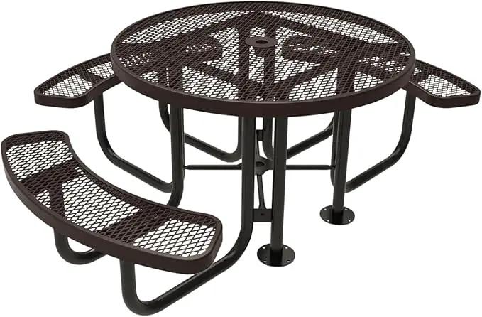 Heavy-Duty Portable Outdoor Picnic Table with Umbrella Hole, Expanded Metal Patio Dining Furniture Made in America (46" Round Top, Brown) by GreenHaven Gardens