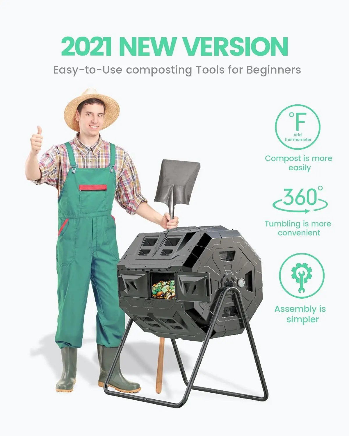 2021 Upgraded Tumbling Composter with Compost Thermometer - Dual Chamber Garden Compost Bin(43 Gal, Green) by GreenHaven Gardens
