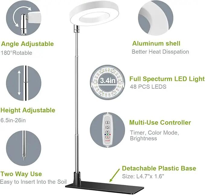 Grow Lights for Indoor Plants, 48 LEDs Full Spectrum Halo Plant Light for Indoor Plants, Height Adjustable Growing Lamp with Detachable Base, 3 9 12Hrs Timer, 10 Brightness, 3 Pack by GreenHaven Gardens
