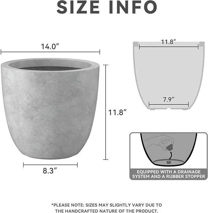 Kante 14 Inch Dia Round Concrete Planter, Indoor Outdoor Large Plant Pot with Drainage Hole and Rubber Plug for Home Patio Garden, Gray Concrete by GreenHaven Gardens