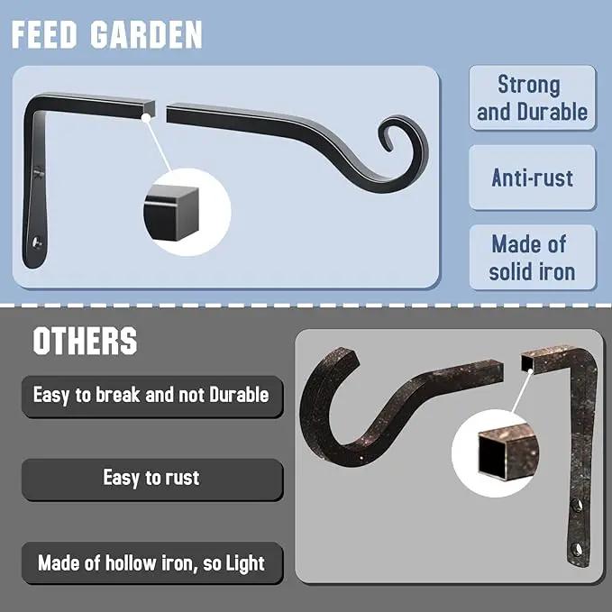 FEED GARDEN Wall Hook Hanging Plant Bracket 10 Inch 2 Pack, Hand-Forged Plant Hanger for Hanging Bird Feeders, Wind Chimes, Flower Baskets, Yoga Mat, Indoor/Outdoor Use, Black by GreenHaven Gardens